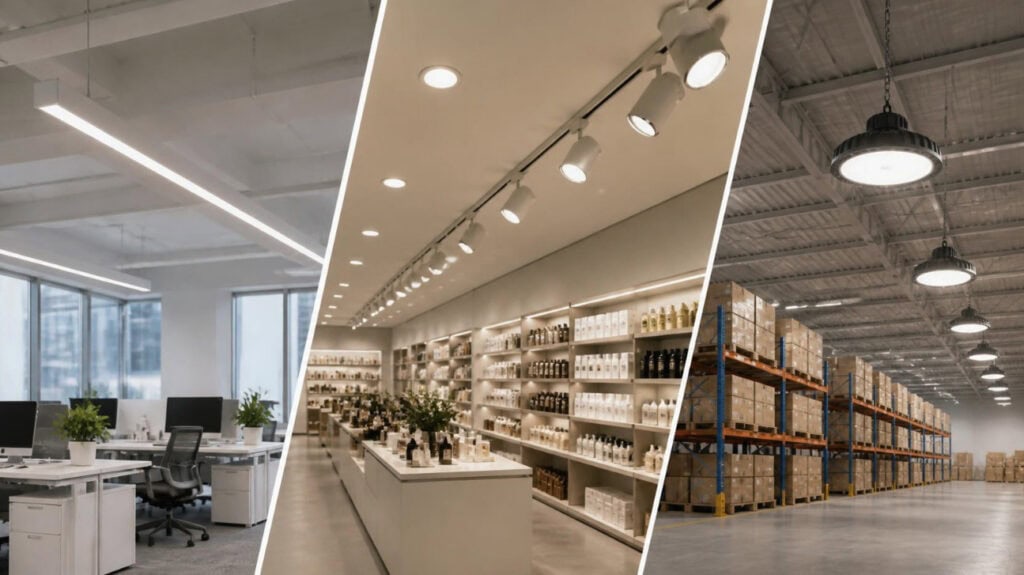 Office, retail and warehouse spaces with LED-ready fixtures