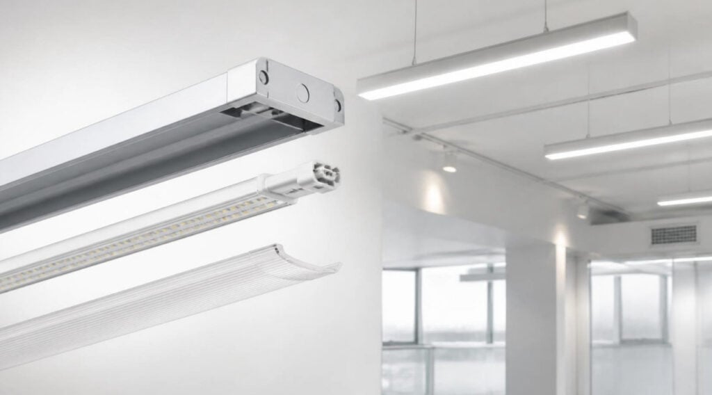 LED-ready fixture with removable LED tube components