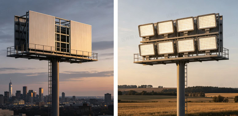 Offener, leerer Werbetafelrahmen vs. modulares LED-Flutlichtsystem mit mehreren Köpfen