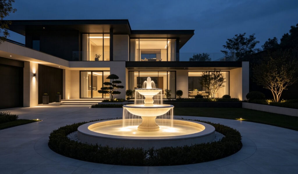 Luxury villa fountain illuminated by embedded outdoor LED spotlights