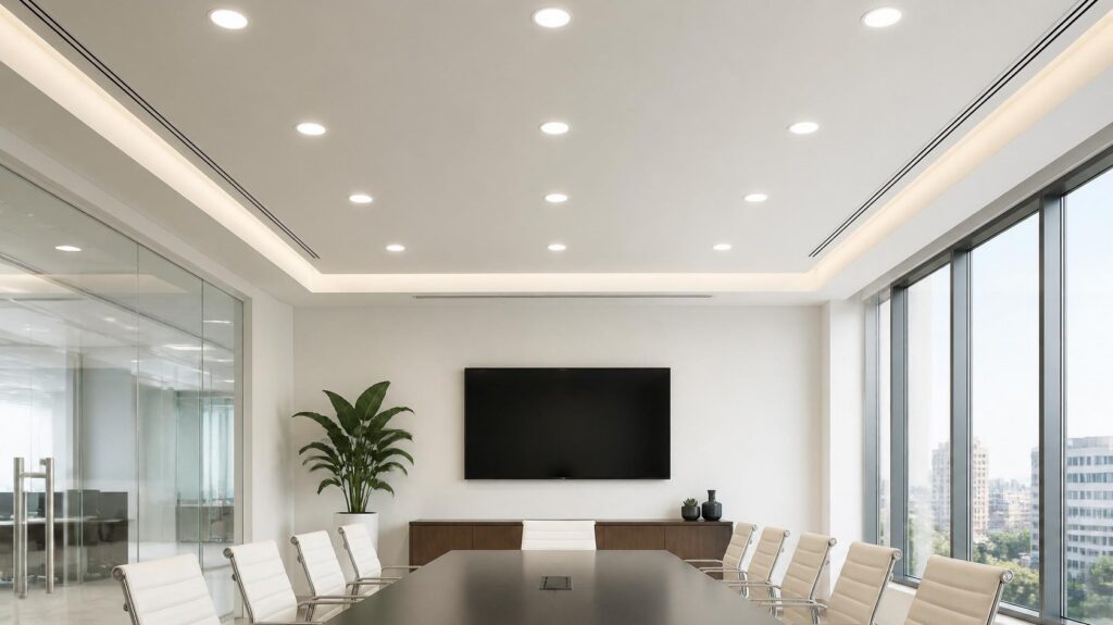 Sala de conferencias minimalista y luminosa con iluminación empotrada en capas.