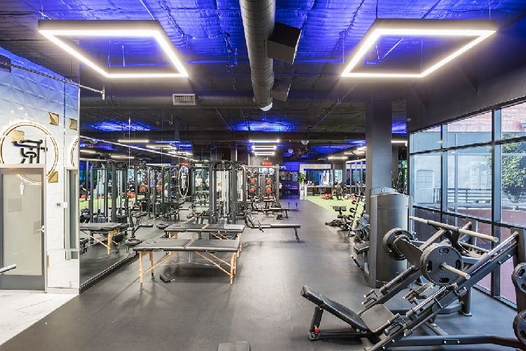 Contemporary fitness facility featuring vibrant blue LED gym lighting and strength machines