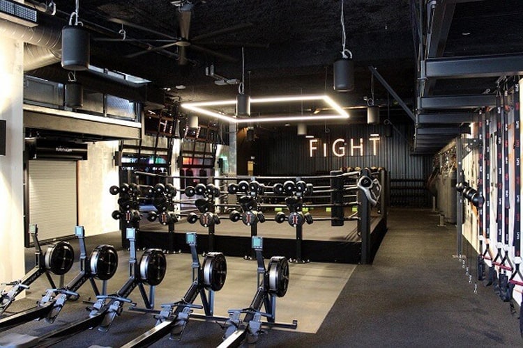 Industrial fight gym space outfitted with stylish LED gym lighting and boxing ring