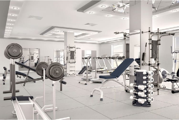 Bright modern gym interior equipped with premium LED gym lighting and fitness equipment