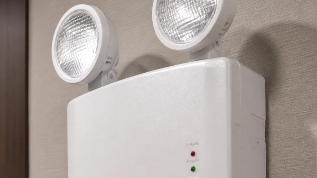 Wall-mounted dual-head hotel emergency lighting with charge and power indicator light