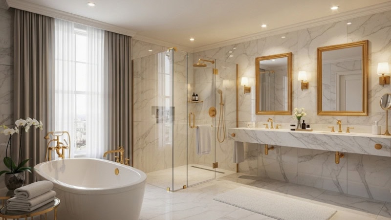 Elegant, bright bathroom featuring a clawfoot tub, glass shower, and gold-accented mirrors with soft ambient lighting.