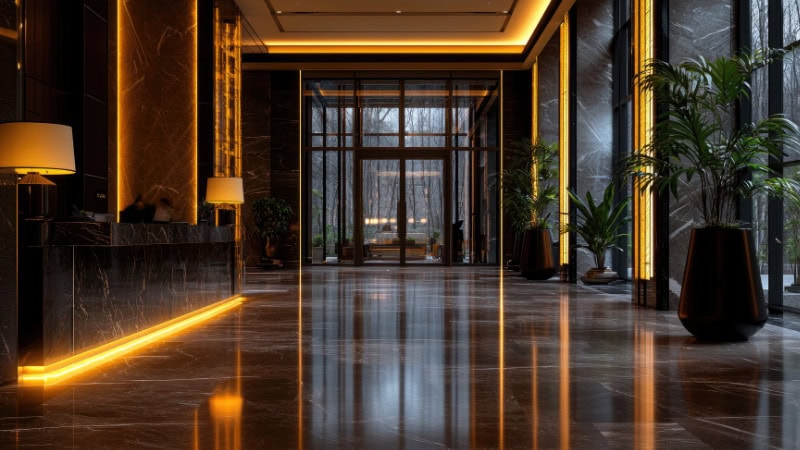 Upscale, moody lobby with glowing accent lights, a dark marble check-in desk, and floor-to-ceiling windows.