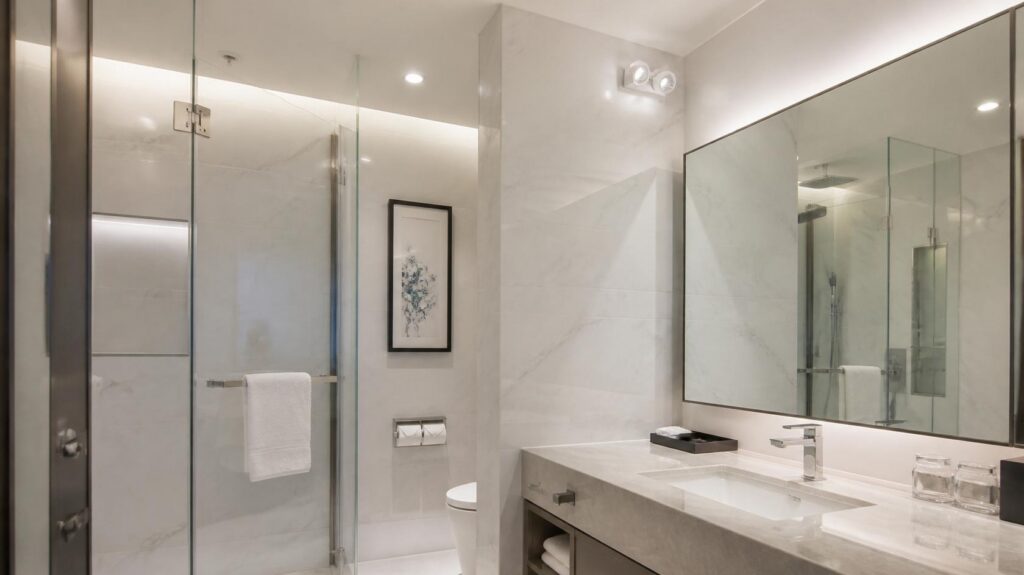 Modern hotel marble bathroom with hidden emergency lighting