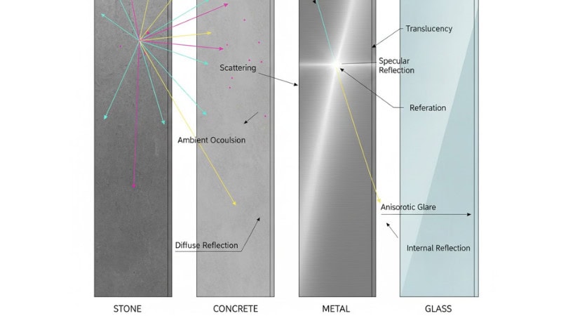 Ilustração técnica semirrealista que mostra como a luz interage com diferentes materiais de fachada: pedra, concreto, metal e vidro. Cada superfície é iluminada por feixes de luz que exibem reflexão difusa, reflexão especular e translucidez. Legendas claras, layout limpo em estilo de engenharia, fundo branco, alta precisão e iluminação suave e colorida para maior clareza.