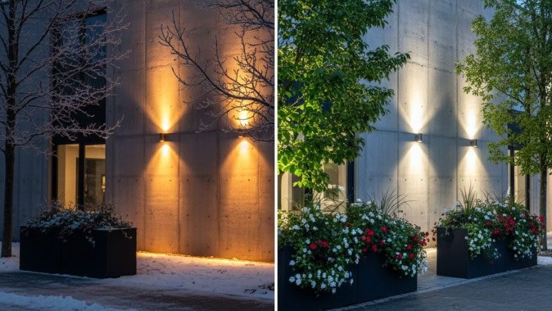 Deux scènes architecturales murales&nbsp;: une scène hivernale à l’ambiance légèrement plus sombre, éclairée à 3&nbsp;000&nbsp;K pour une atmosphère chaleureuse&nbsp;; une scène estivale plus lumineuse, éclairée à 4&nbsp;000&nbsp;K pour créer du contraste. Éclairage architectural extérieur réaliste, variations d’atmosphère selon les saisons, rendu très réaliste.