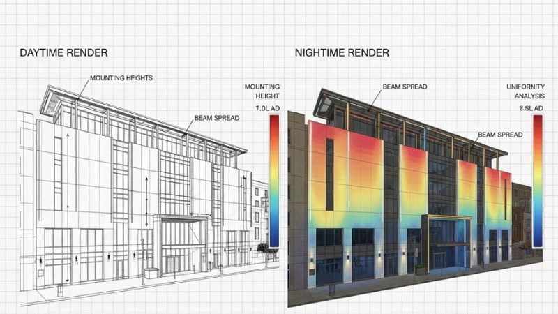 Ilustração de simulação fotométrica semirrealista mostrando um modelo 3D da fachada de um edifício dentro de um software de projeto de iluminação. Gradientes de cores em estilo mapa de calor demonstrando uniformidade, ícones de luminárias posicionados com suas respectivas alturas de instalação e visualização da dispersão do feixe de luz. Vista dividida: renderização diurna + renderização noturna. Visualização profissional de engenharia, nitidez 4K e precisão técnica.