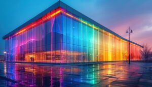modern building with dynamic color changing led facade lighting at night