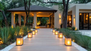 Luxury resort landscape lighting with illuminated pathways, trees, and architectural features