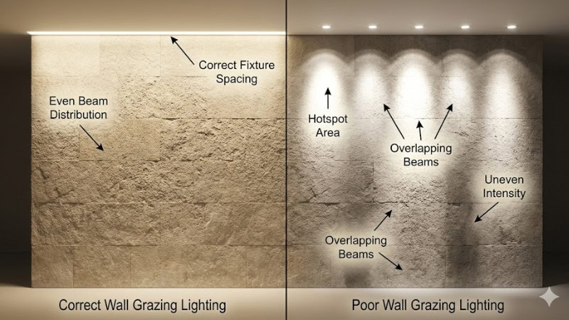 Vergleich im Split-Screen-Modus: Korrekte Wandstreifbeleuchtung mit gleichmäßiger Ausleuchtung versus mangelhafte Installation mit Hotspots, Blendung und ungleichmäßiger Lichtintensität an einer Steinmauer.