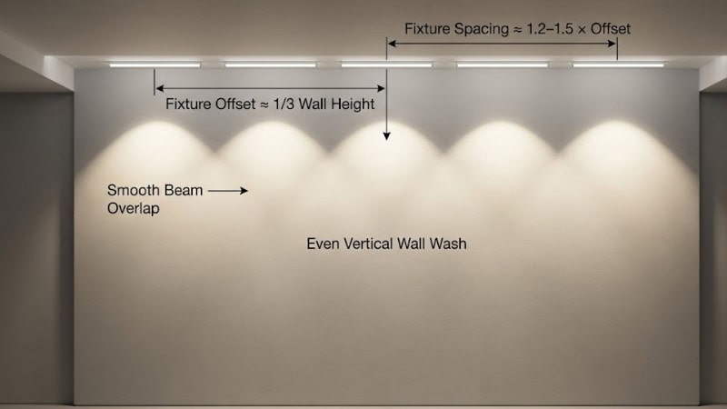 رسم تخطيطي فني يوضح نسب الإزاحة والتباعد الموصى بها لوحدات إضاءة LED الخطية المثبتة على الجدران في السقف.