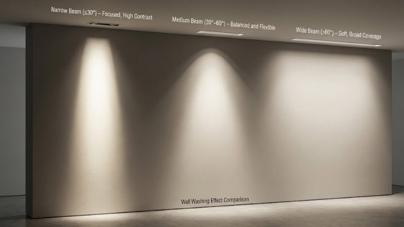 مقارنة جنبًا إلى جنب توضح تأثيرات إضاءة الجدران لعدسات LED "الشعاع الضيق" و"الشعاع المتوسط" و"الشعاع العريض".