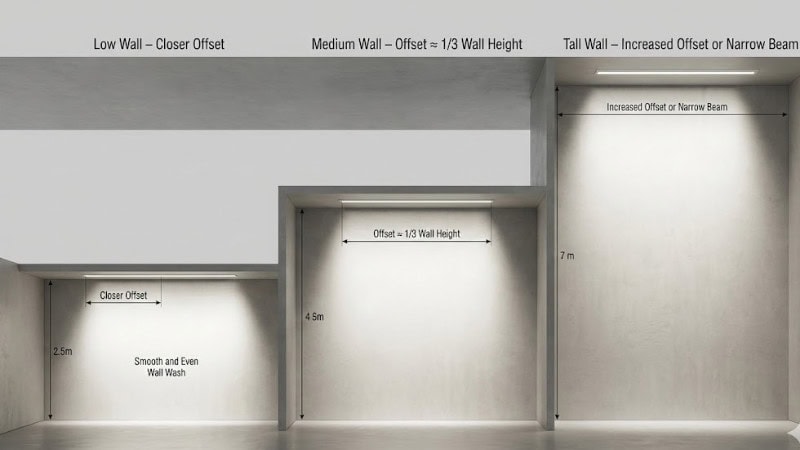 عرض هندسي متجاور يوضح كيف يجب تعديل موضع غسالات الجدران بناءً على ارتفاع الجدار للحصول على تأثير إضاءة سلس.