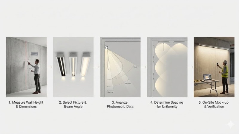 عرض توضيحي هندسي خطوة بخطوة يوضح سير العمل الكامل للتخطيط والتصميم لتنفيذ إضاءة LED الجدارية.