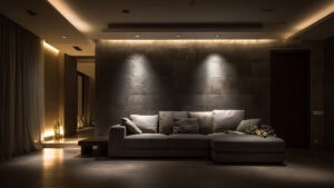 Indoor wall washing lighting highlighting a textured feature wall