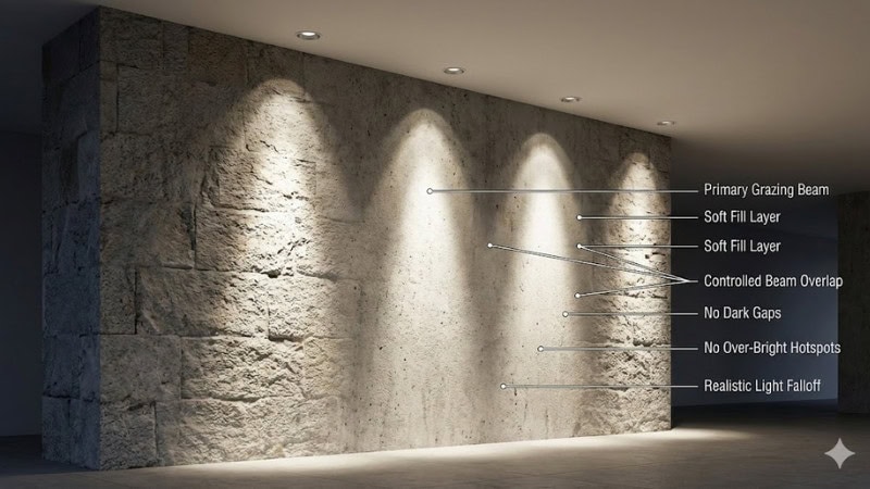 Technische Visualisierung, die eine gelungene Anordnung von streifenden Wandbalken mit überlappenden Trägern zur Erzielung eines gleichmäßigen Effekts veranschaulicht, komplett mit beschrifteten Details.