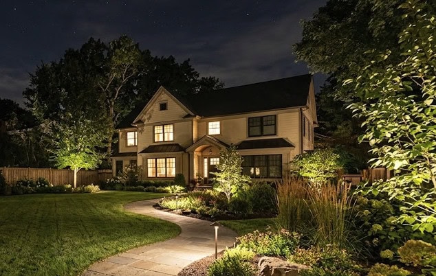 Backyard flood lights light up house & garden