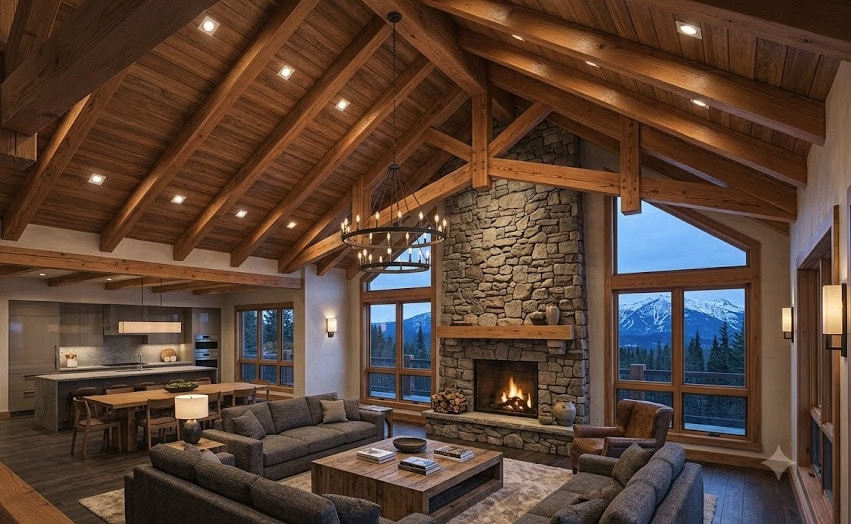 Rustic cabin interior with can lights & large ring chandelier