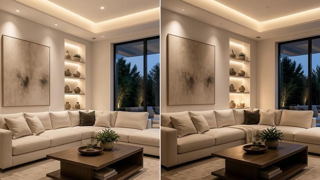 Side-by-side living room demo of dim-to-warm recessed