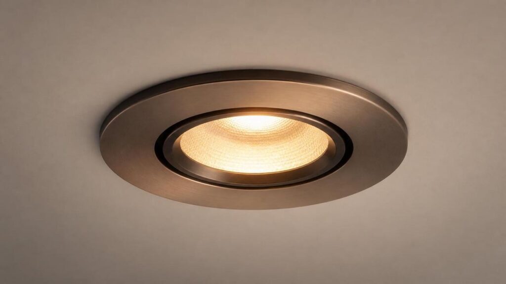 Brushed bronze dim-to-warm recessed LED downlight ceiling fixture closeup