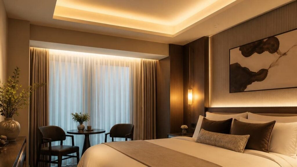Modern hotel bedroom layered cove lighting and wall sconce interior design