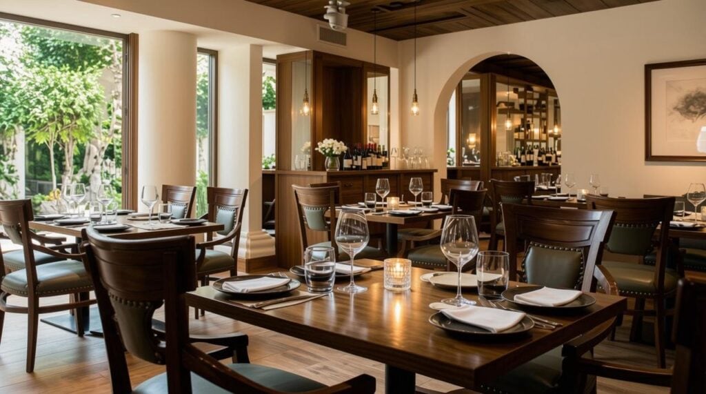 Warm pendant lighting layout inside elegant classic casual restaurant dining space
