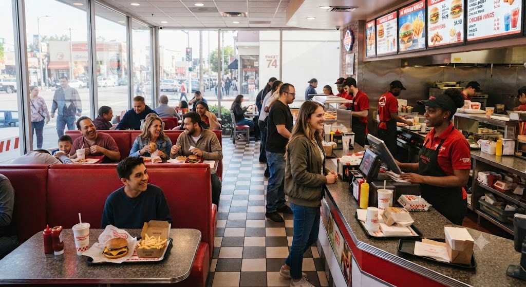 Busy fast-casual burger restaurant with indoor lighting setup