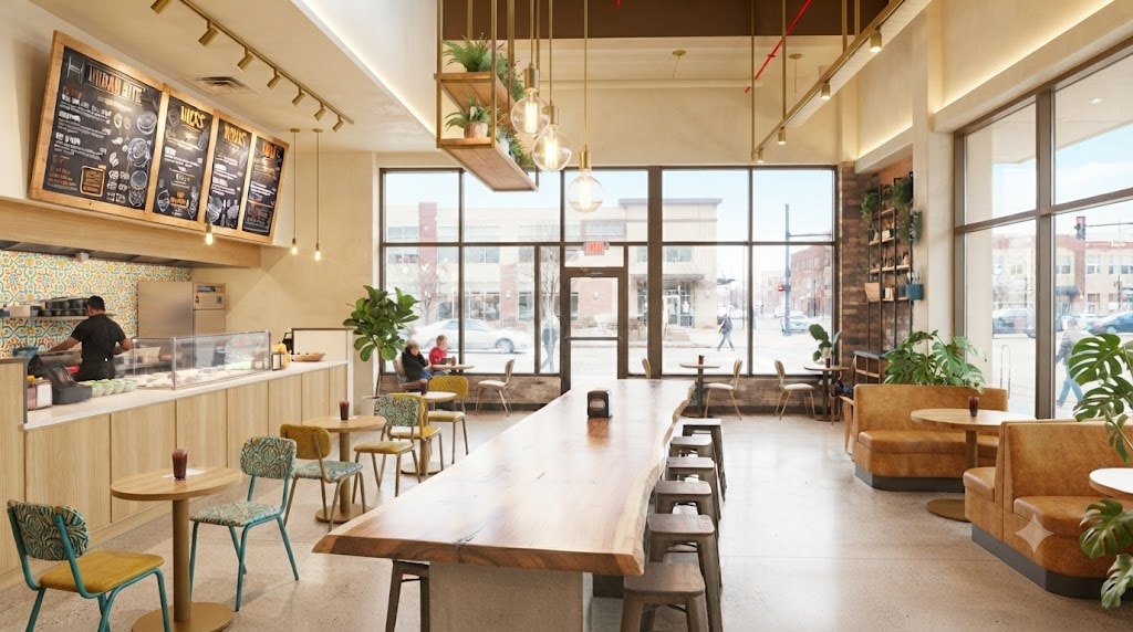 Modern fast-casual restaurant interior with warm lighting