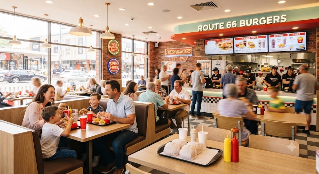 Bright fast-casual burger restaurant interior lighting design