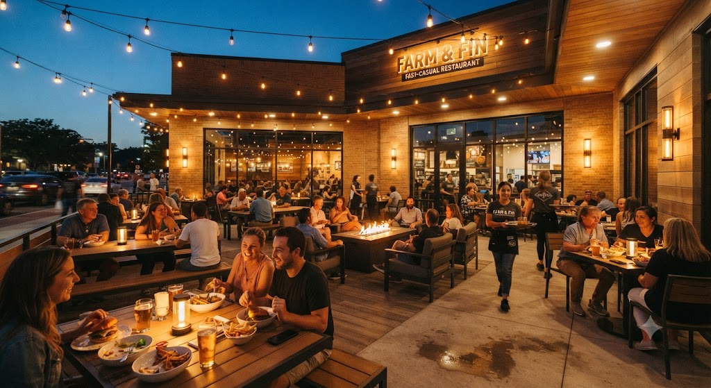 Outdoor fast-casual restaurant with ambient string lighting