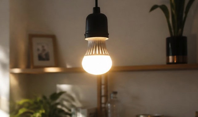 Lit LED light bulb hanging indoor, test flicker performance