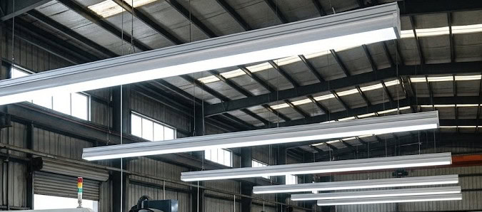 Long linear integrated LED light fixtures hanging in metal factory space