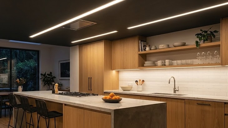 Warm wood kitchen fitted with sleek integrated LED light fixtures