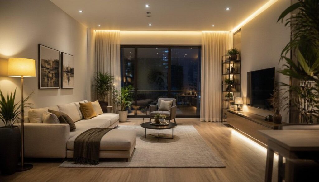 Modern living room with cove lighting, floor lamp, cozy home interior lighting design