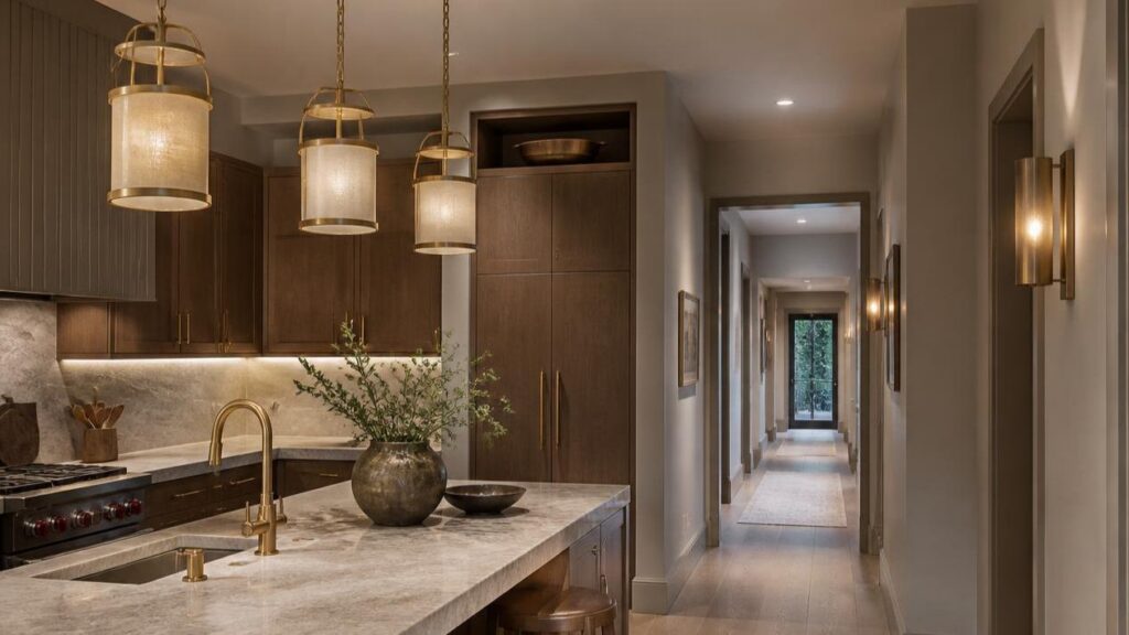 Dark wood kitchen island pendant lights and hallway wall sconces home lighting