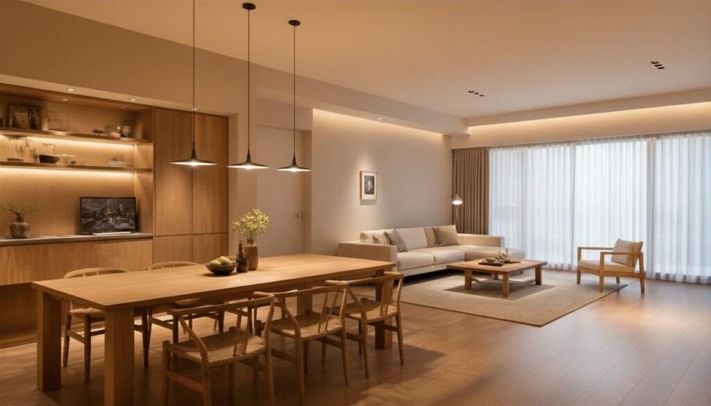 Warm wooden open plan dining living room layered ambient home lighting