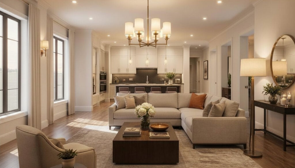 Traditional open concept living room chandelier and floor lamp home lighting