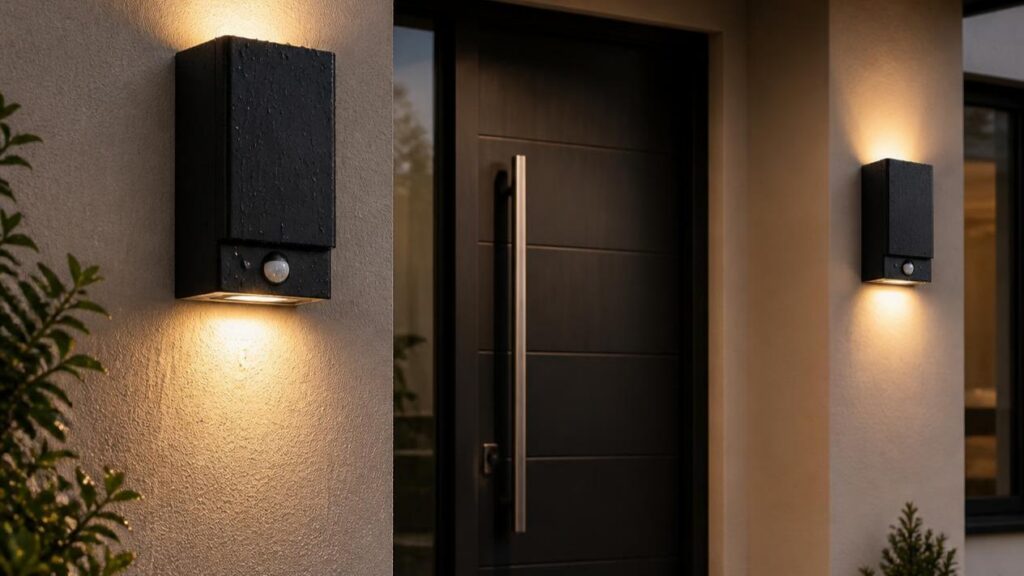 Black motion sensor outdoor wall lights for front entry home exterior lighting