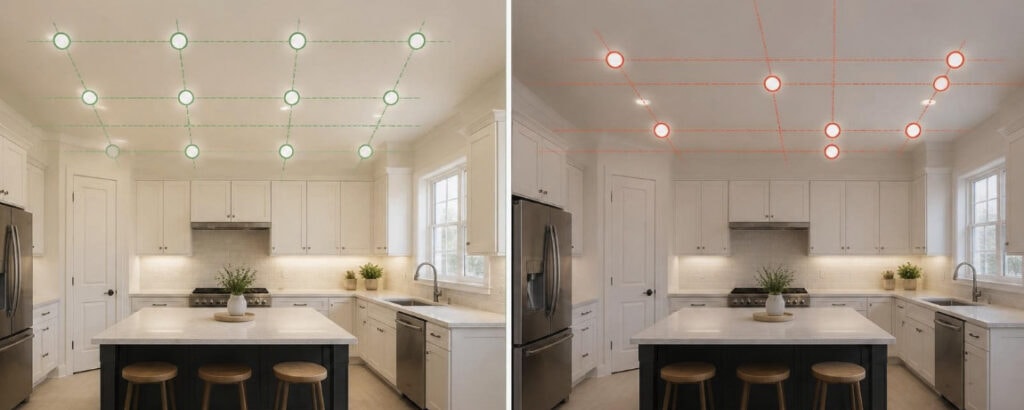 Good vs bad Recessed Kitchen Lighting ceiling layout comparison