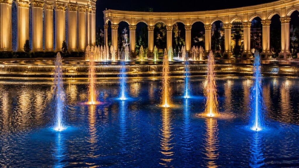 Colorful underwater fountain lights light up cascading fountain in European courtyard