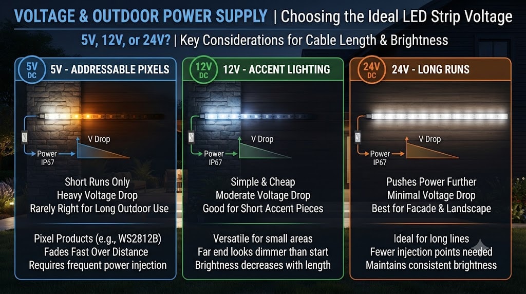 5V 12V 24V DC LED strip voltage comparison for landscape lighting