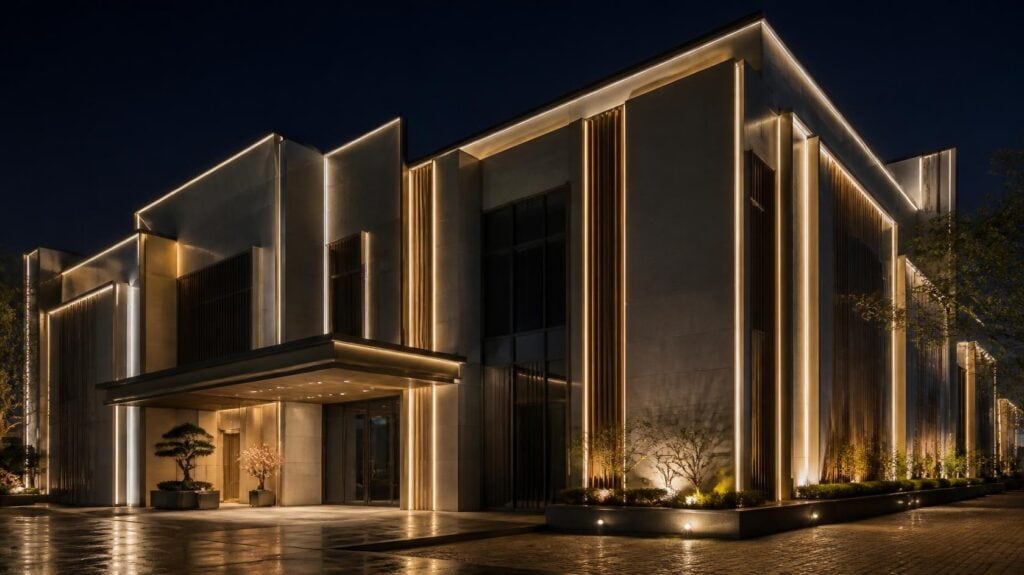 Warm linear LED strip facade lighting on modern commercial building exterior