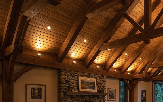 Timber vaulted ceiling with warm recessed spotlights