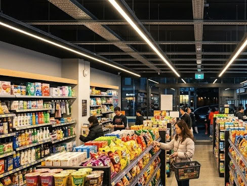 Bright retail store with long integrated LED light fixtures overhead