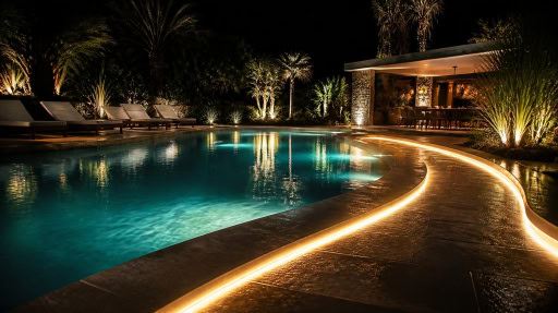 Curved warm LED strip edging around luxury backyard swimming pool