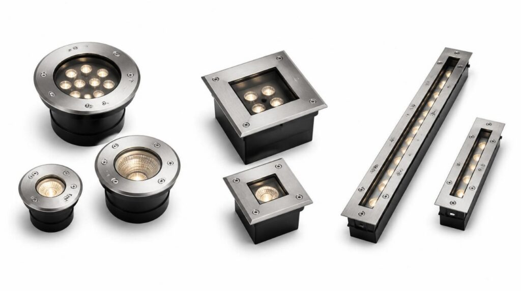 Multiple in‑ground light fixtures, stainless steel outdoor ground lamps